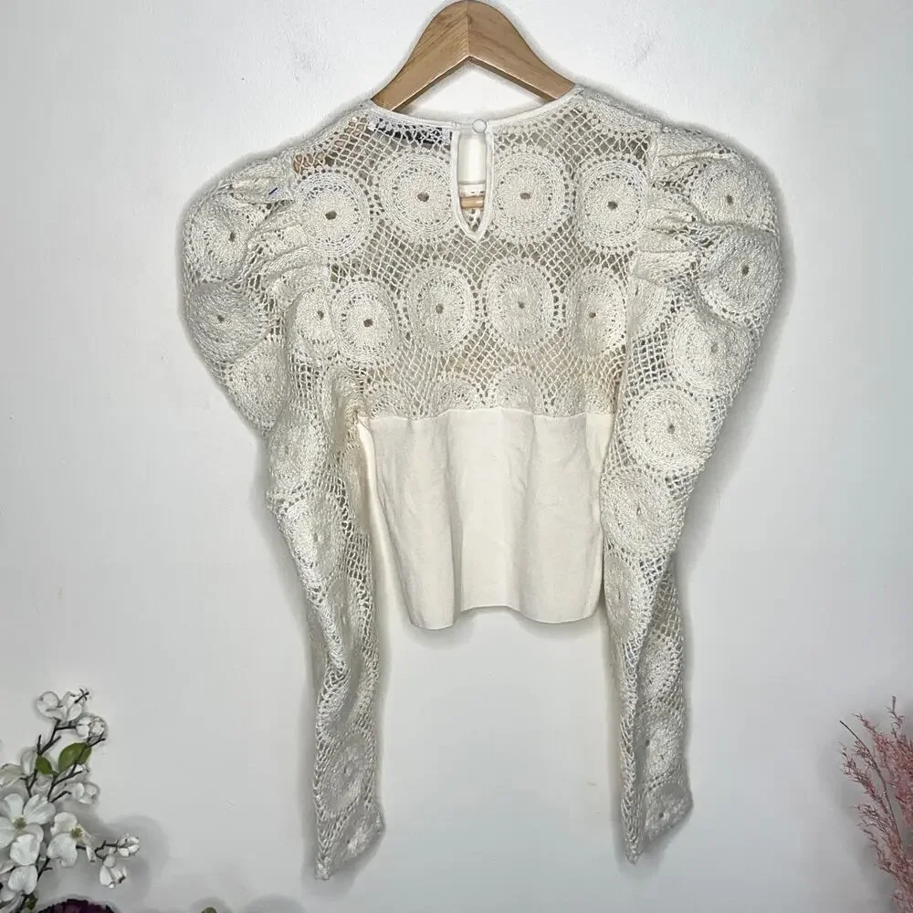 ZARA Combination Crochet Knit Corset Puff Shoulder Top Ivory Cream {F53}